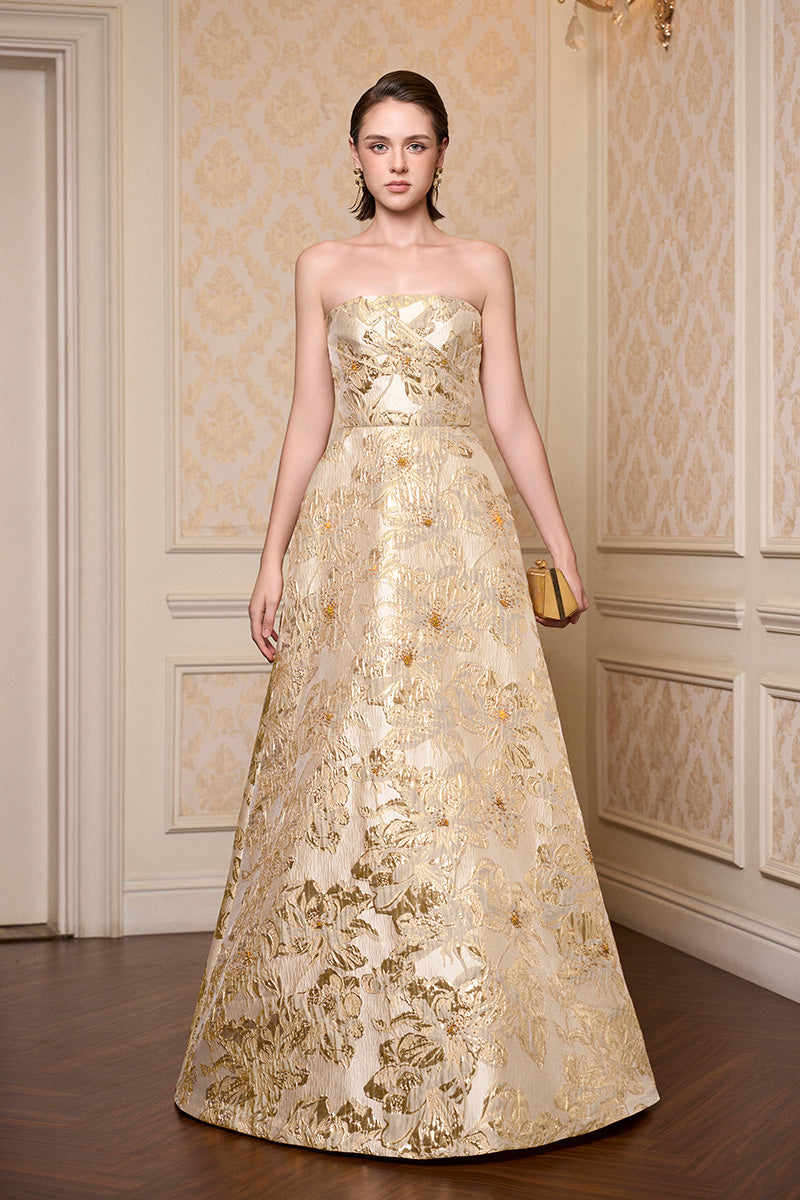 Strapless A-line Gown With Draped Details In Beige Jacquard