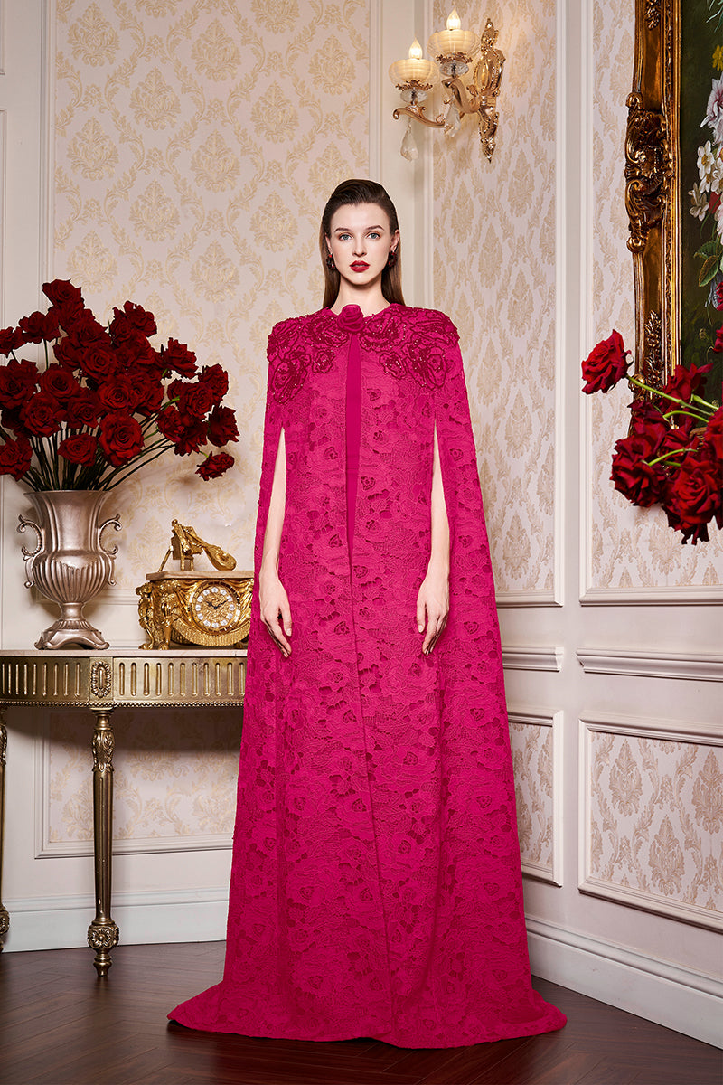 Round Neckline Sleeveless Column Gown With Long Lace Cape