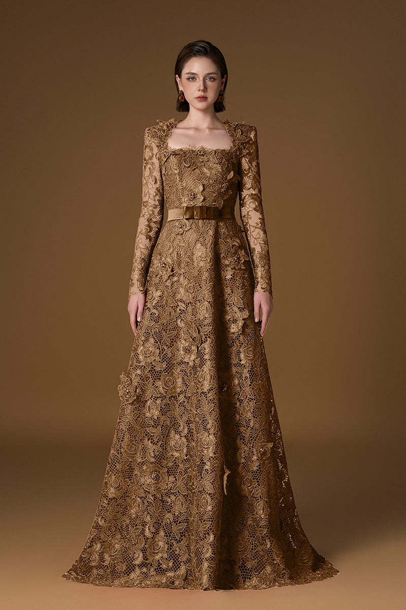 Trapeze Neck A-line Gown With Long Sleeves In Dark Gold Guipure Lace