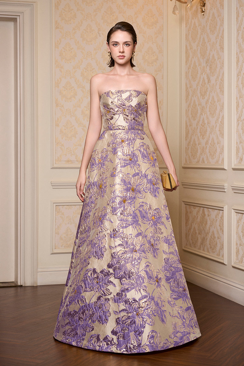 Strapless A-line Gown With Draped Details In Light Purple Jacquard