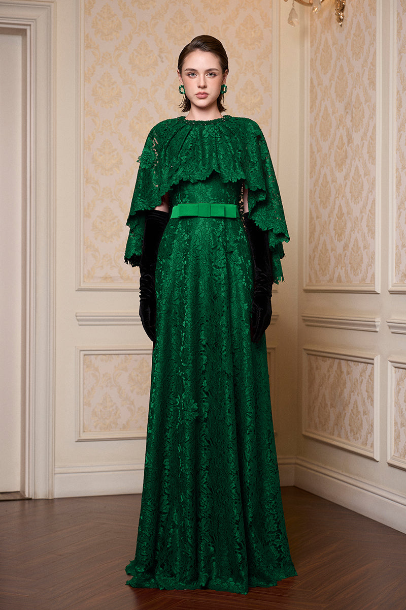 Round Neck Column A-line Gown With Mullet Cape In Dark Green French Lace