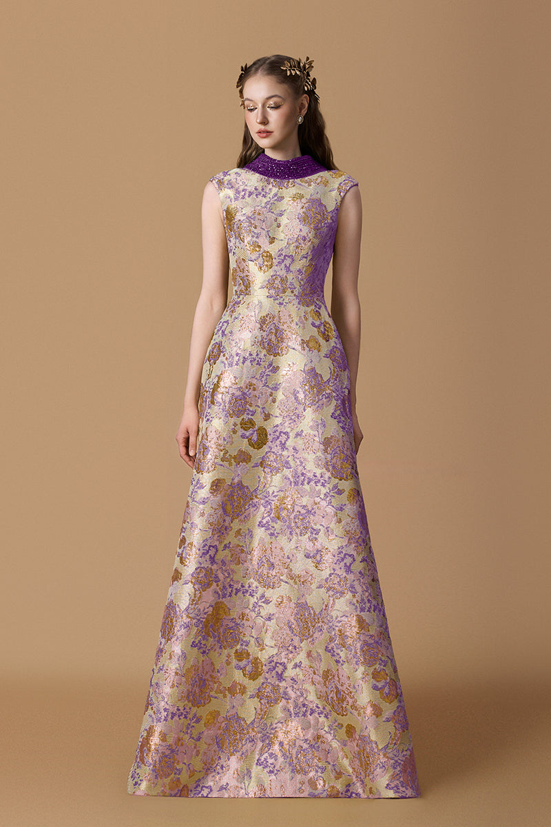 Round Neck A -line Gown With De-Constructed Collar In Green Floral Metallic Jacquard