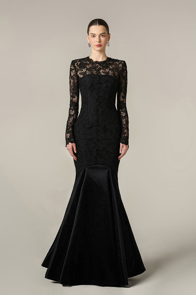 LONG SLEEVES MERMAID GOWN WITH PLEATED HEM
