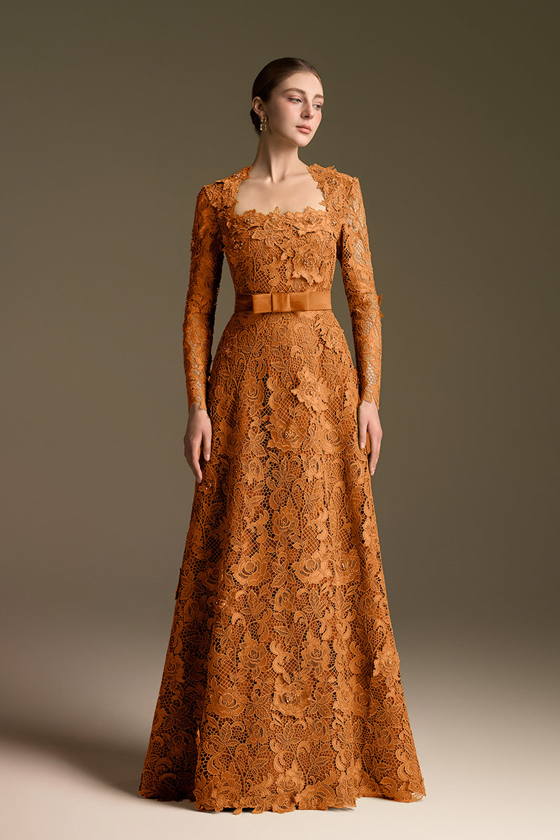 Trapeze Neck A-line Gown With Long Sleeves In Guipure Lace