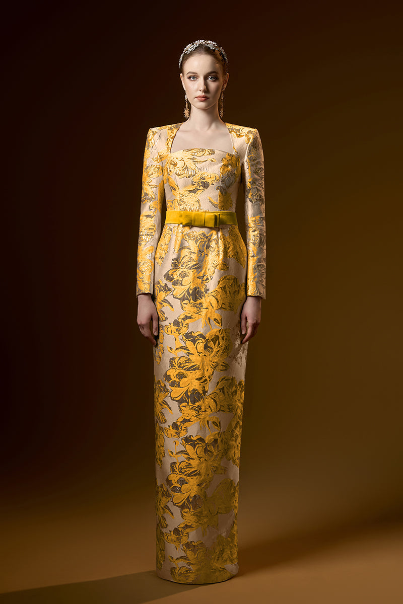 Trapeze Neck Column Gown With Long Sleeves In Jacquard