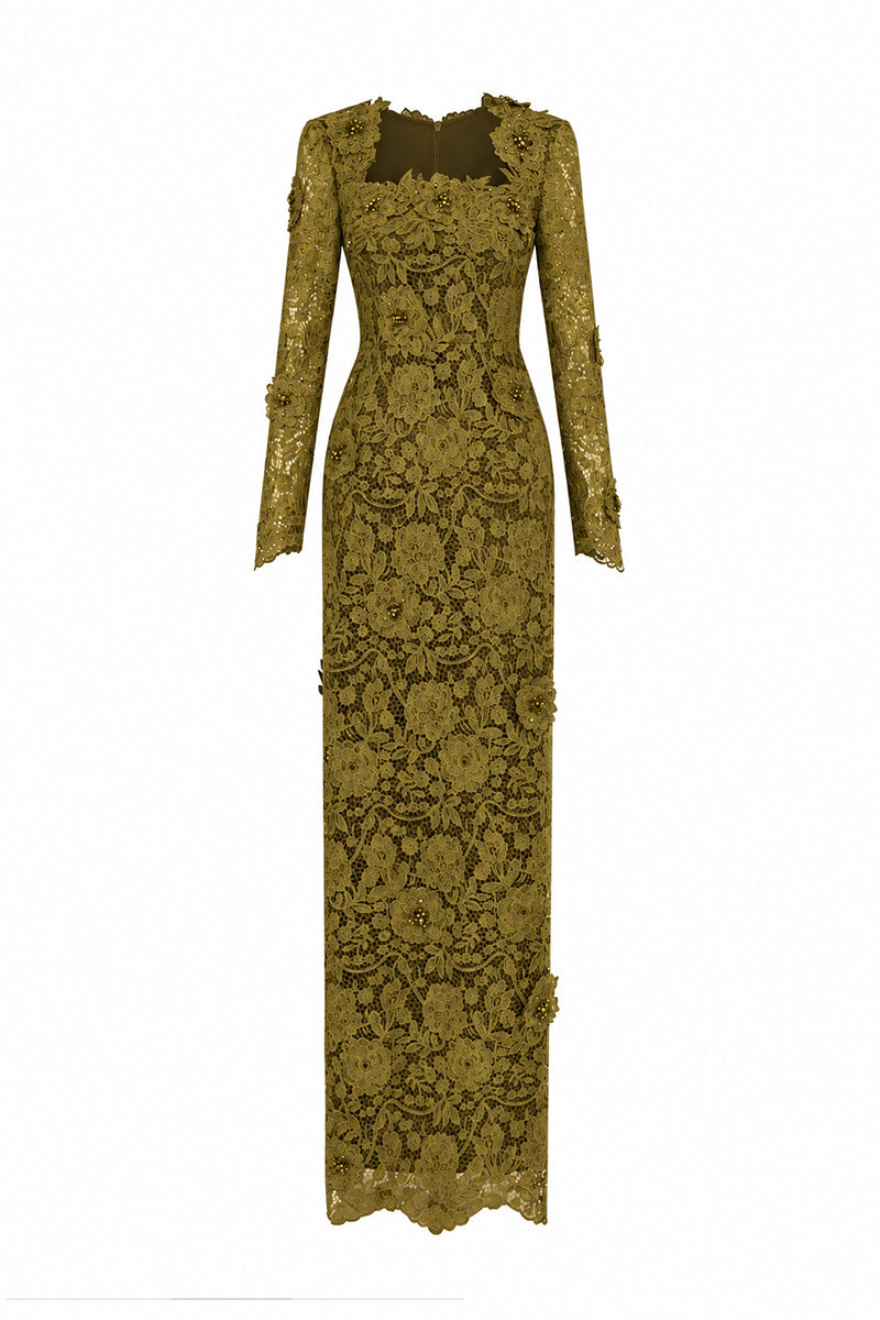 Trapeze Neck Column Gown With Long Sleeves In Guipure Lace