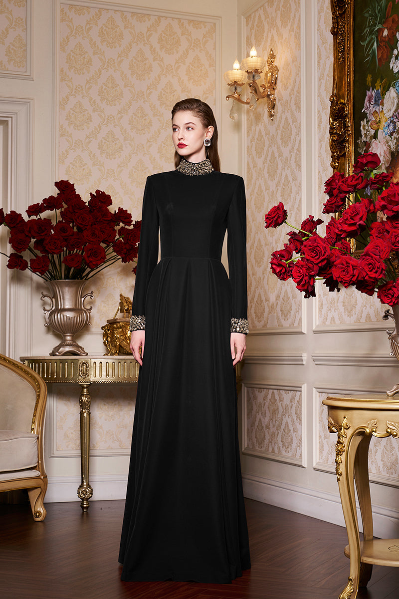 Turtleneck Collar Pleated Waist Velvet Gown