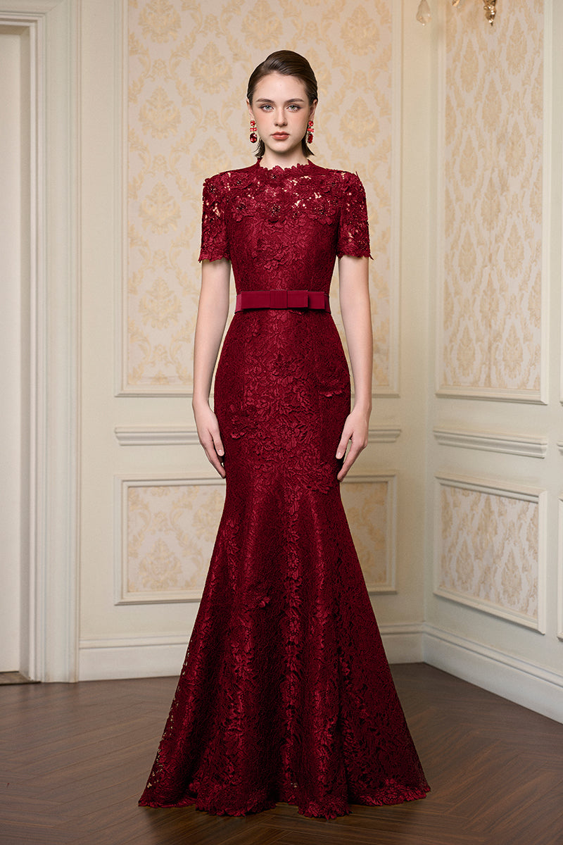 Round Neck Mermaid Gown With Short Sleeves In Dark Red French Lace XS