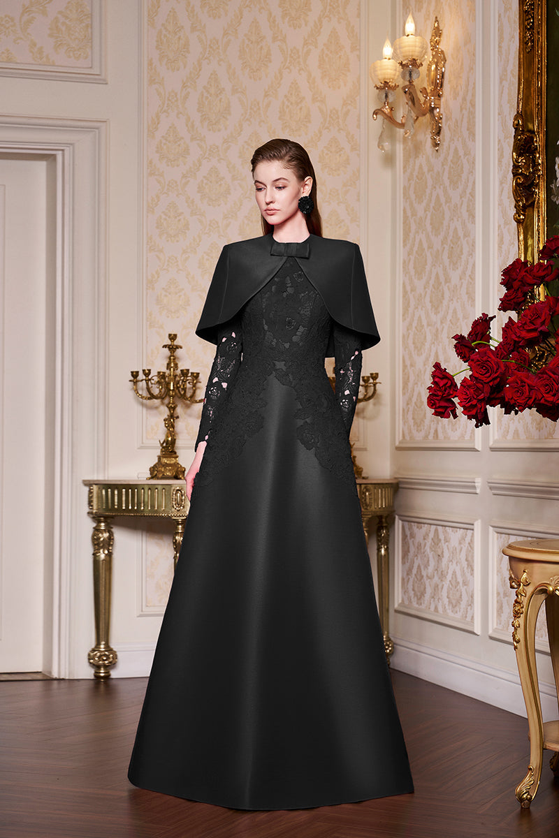 Fuchsia Lace and Taffeta Gown With Mini Cape