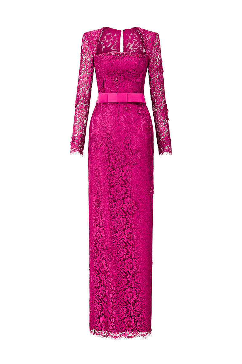 Trapeze Neck Column Gown With Long Sleeves In Pink French Lace