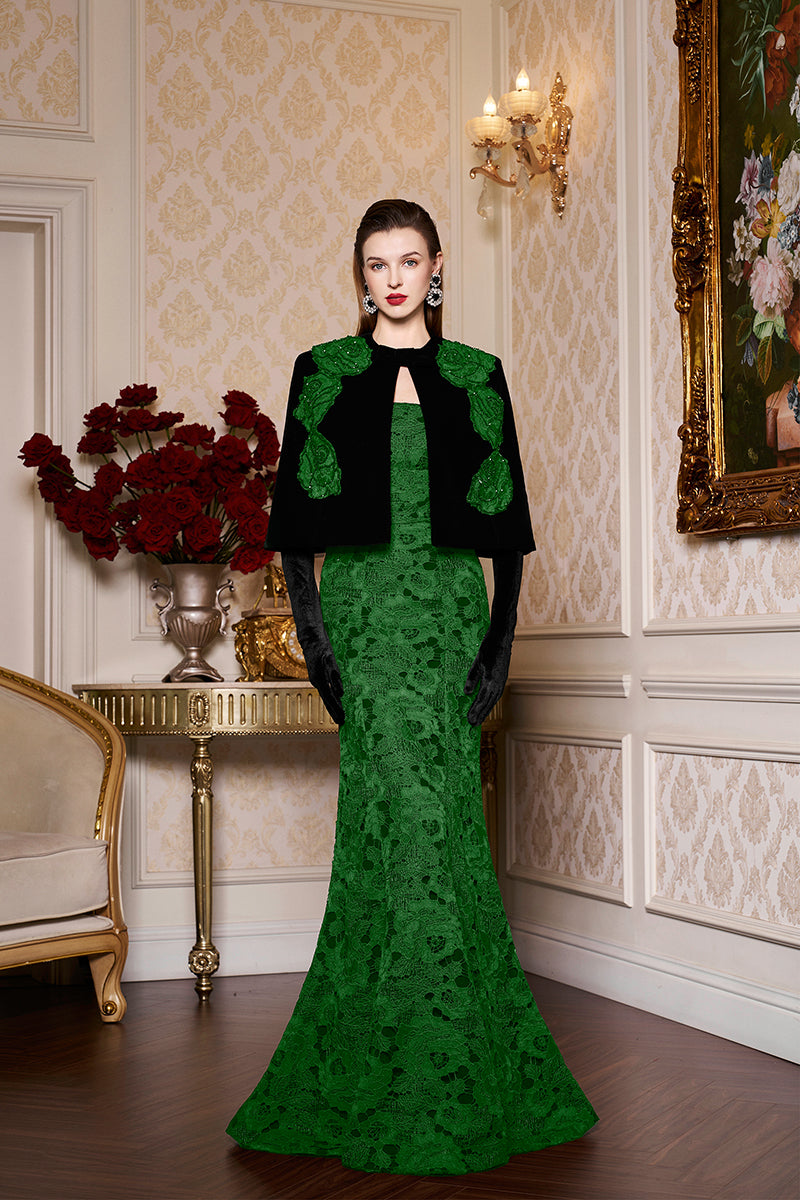 Princess Line Strapless Black Lace and Velvet Dress with Cape