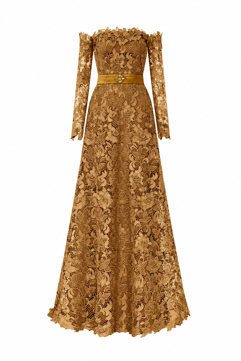Gold Long Sleeves Off-Shoulder A-Line Gown