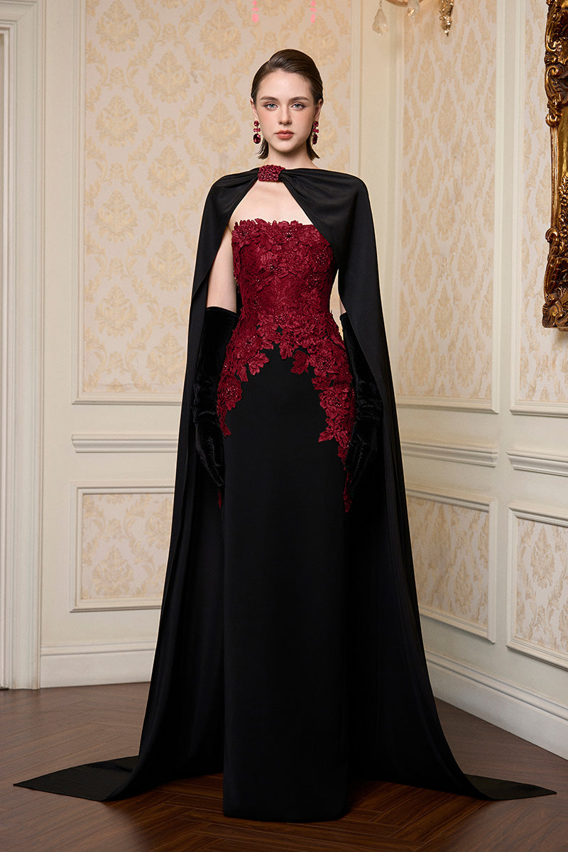 Strapless Column Gown With Long Cape In Dark Red French Lace & Black Crepe