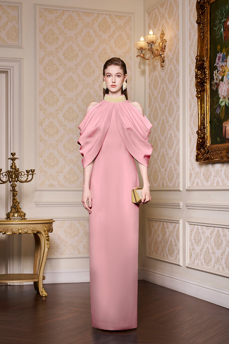 Bottle Neckline Draped Shoulder Agate Silk Gown