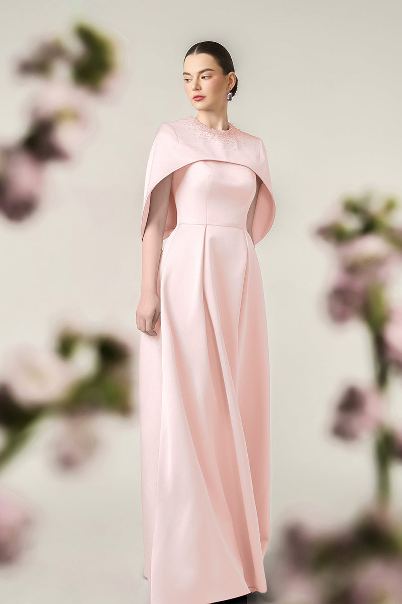 Round Neck A-Line Gown With Circular Cut Mini Cape