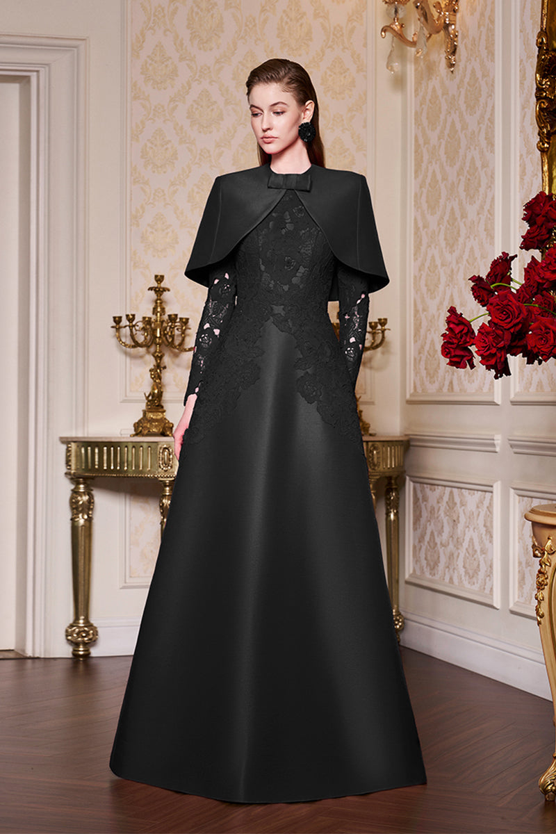 Fuchsia Lace and Taffeta Gown With Mini Cape