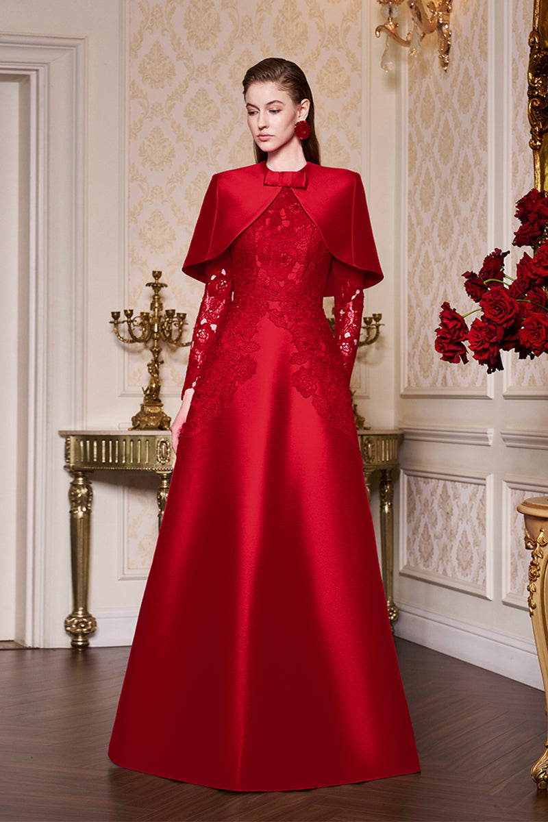 Fuchsia Lace and Taffeta Gown With Mini Cape