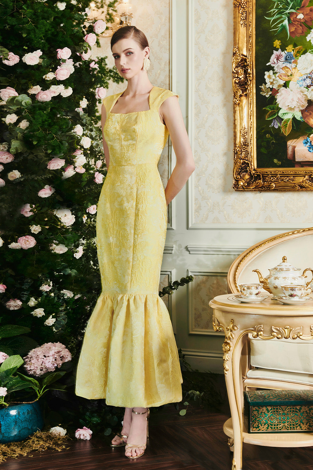 Yellow Trapez Neckline Rose Jacquard Mermaid Dress