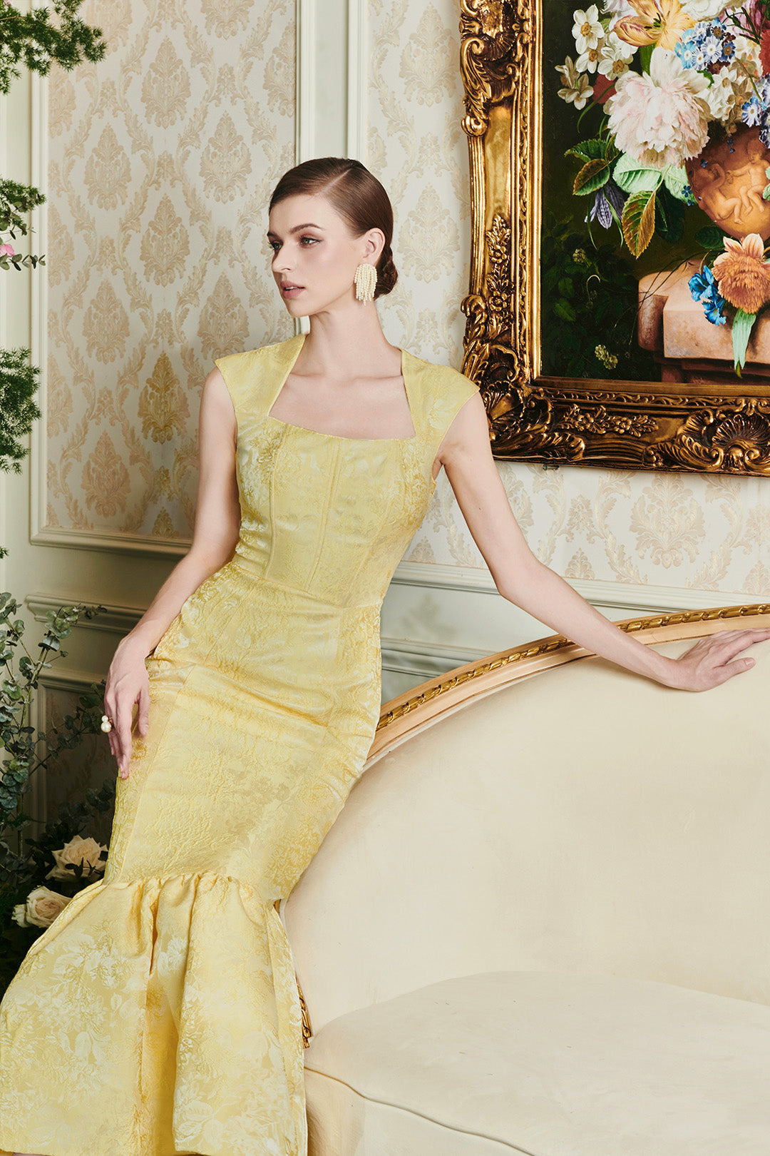 Yellow Trapez Neckline Rose Jacquard Mermaid Dress