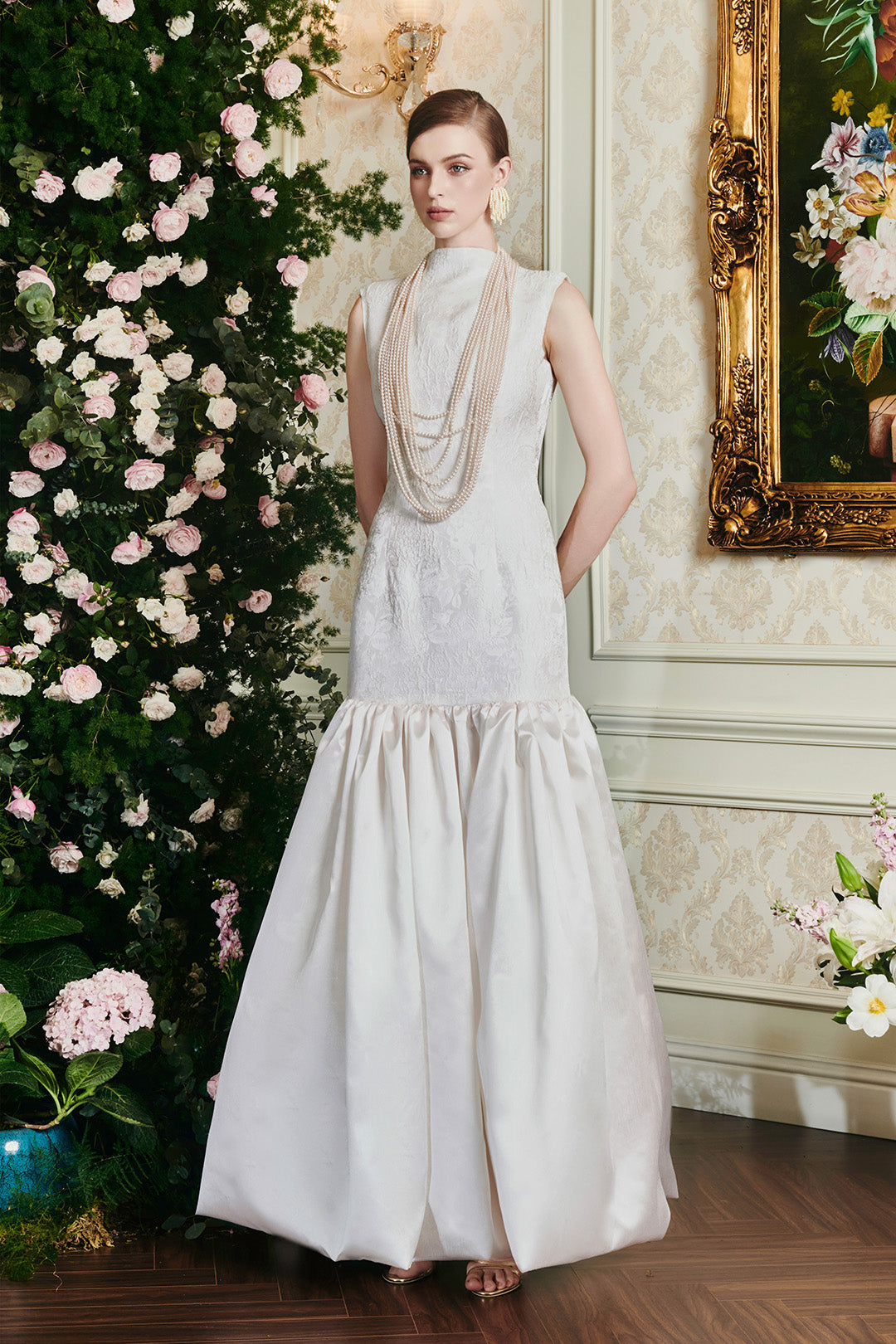 White Funnel Neckline Rose Jacquard Mermaid Dress