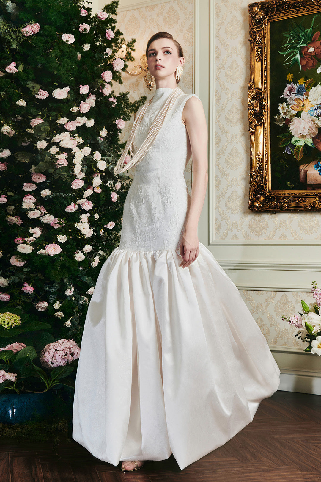 White Funnel Neckline Rose Jacquard Mermaid Dress