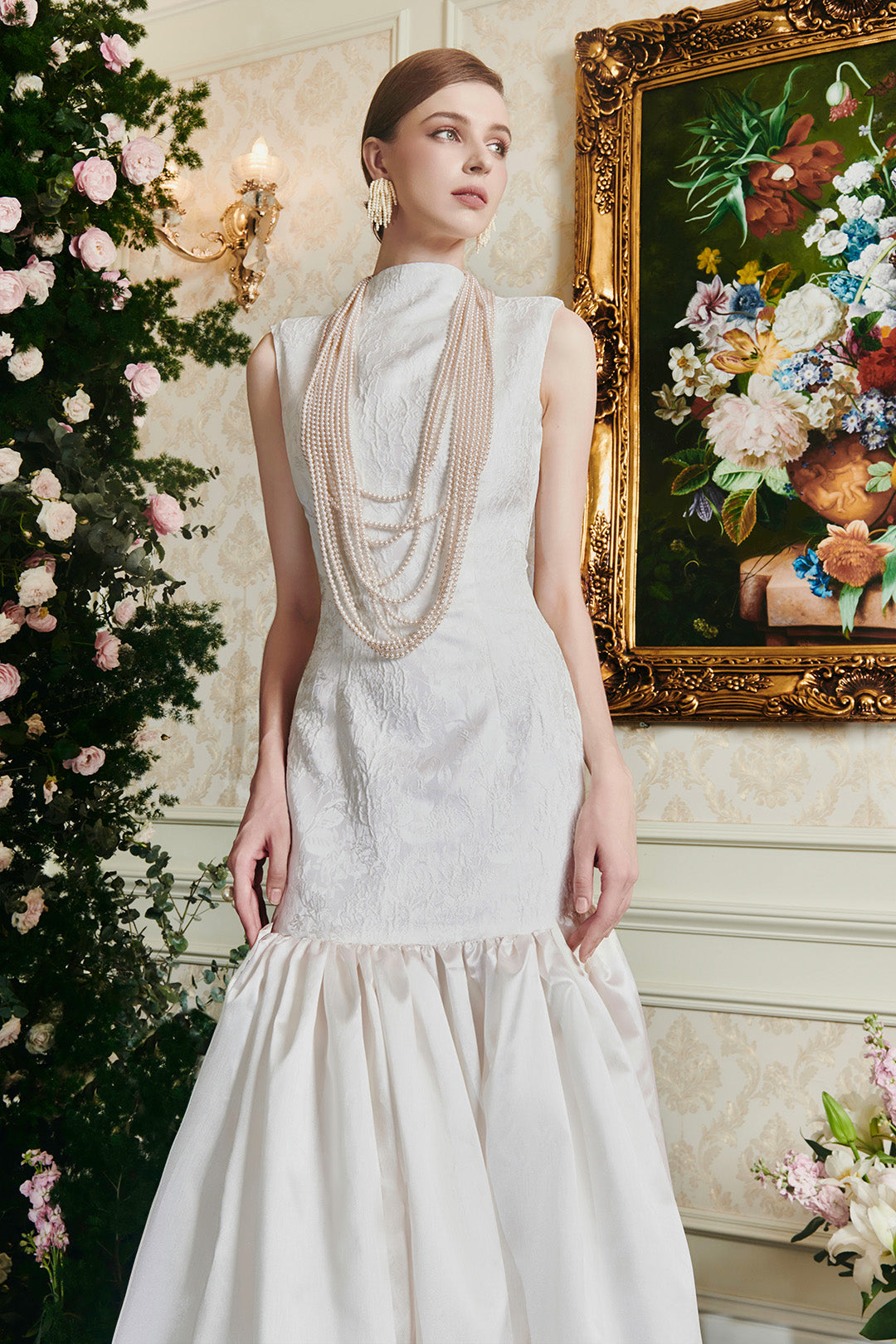 White Funnel Neckline Rose Jacquard Mermaid Dress