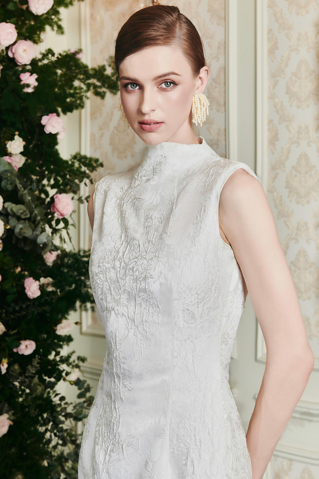 White Funnel Neckline Rose Jacquard Mermaid Dress