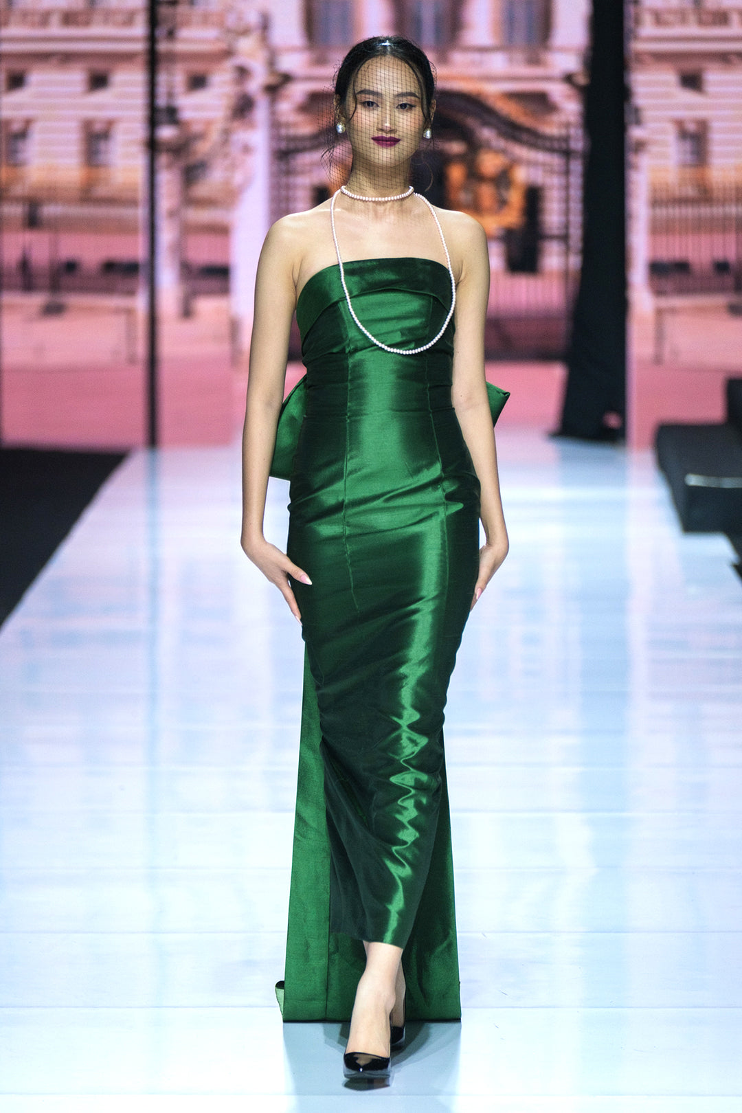 Dark Green Sparrow Back Bow Bustier Gown