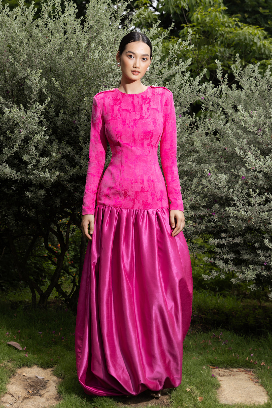 Fuschia Brocade Long Sleeves Mermaid Gown