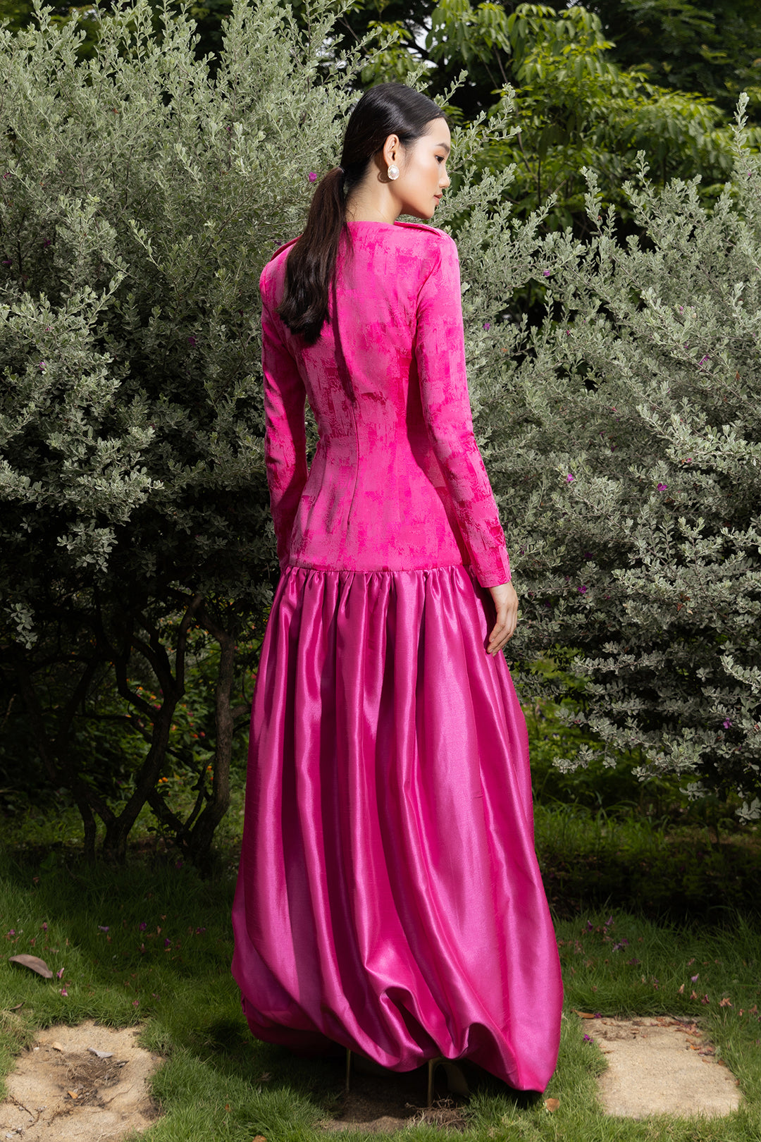 Fuschia Brocade Long Sleeves Mermaid Gown