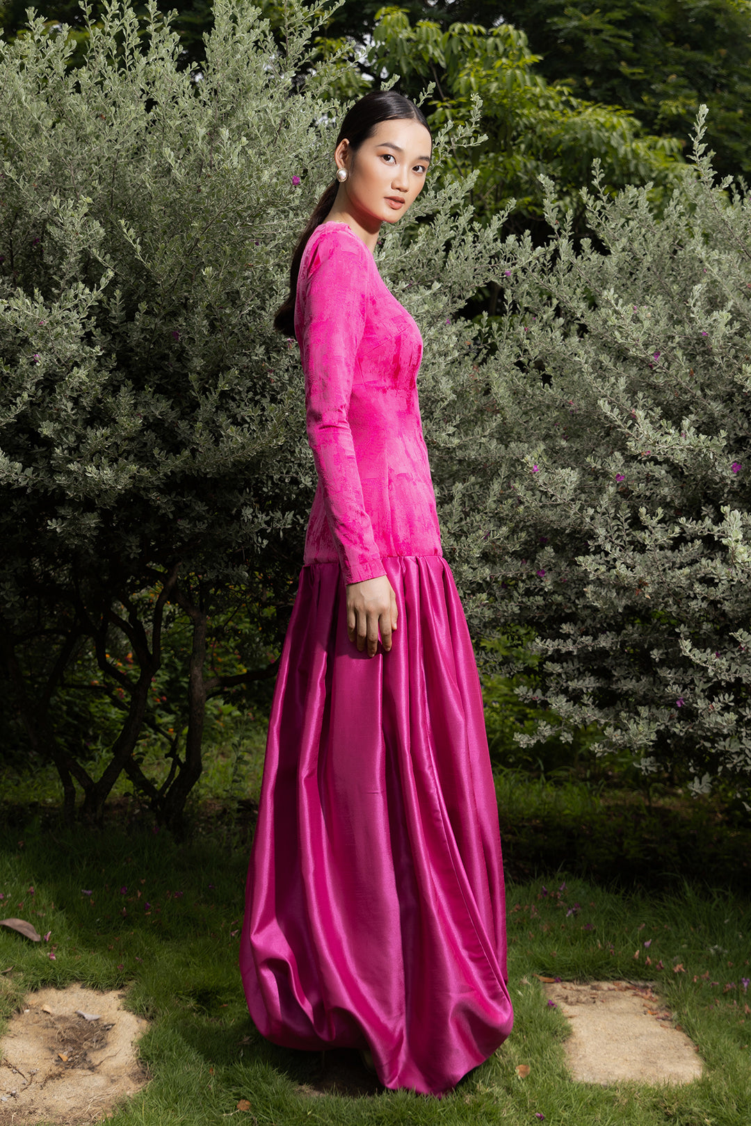 Fuschia Brocade Long Sleeves Mermaid Gown