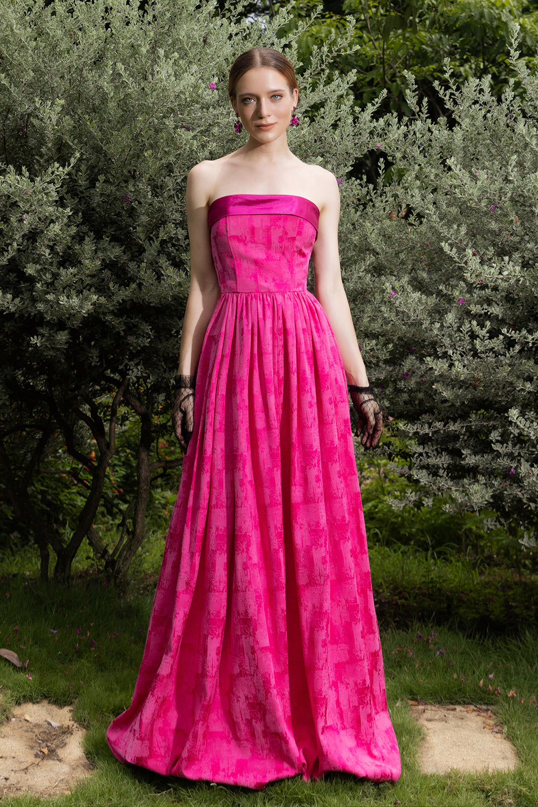 Brocade Fuchsia Strapless Bustier Grand Ball Gown