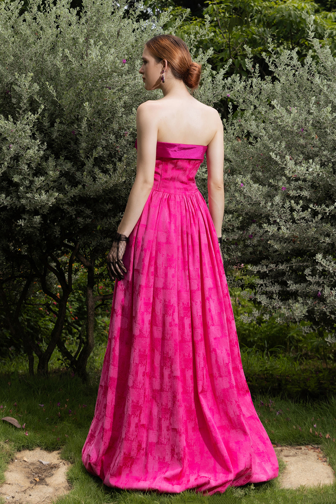 Brocade Fuchsia Strapless Bustier Grand Ball Gown