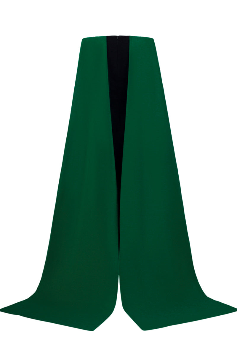 V Neck Column Gown With Draped Details In Black Crepe And Green Taffeta