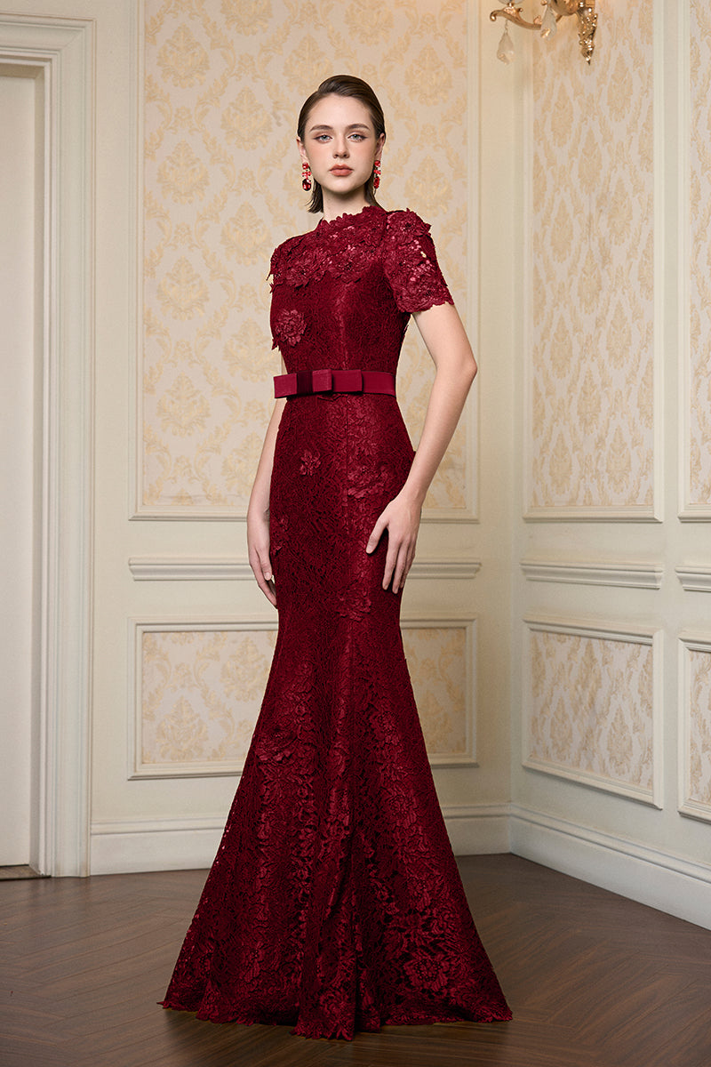 Round Neck Mermaid Gown With Short Sleeves In Dark Red French Lace