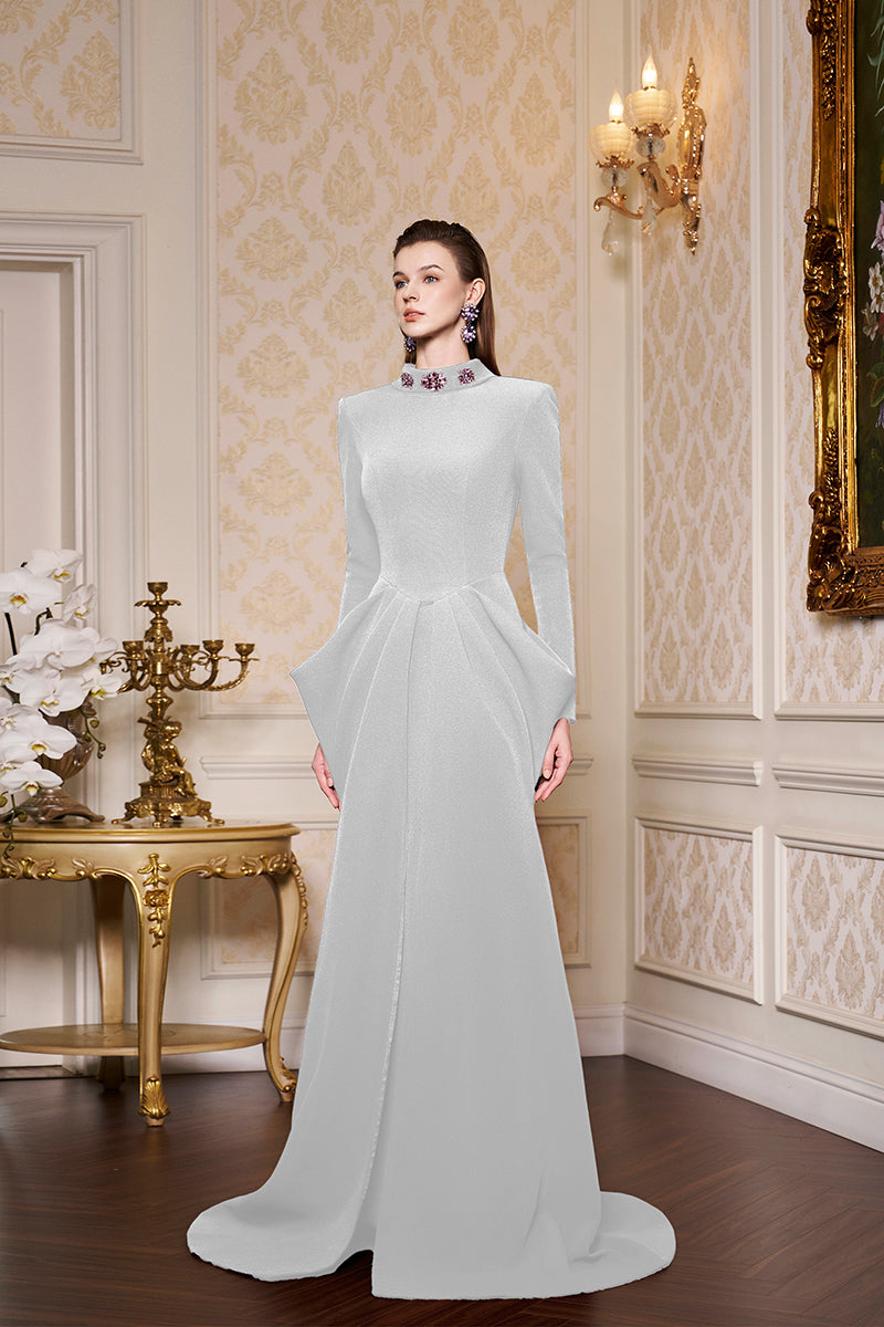 De-Constructed Collar With Draped Waist Scuba Gown