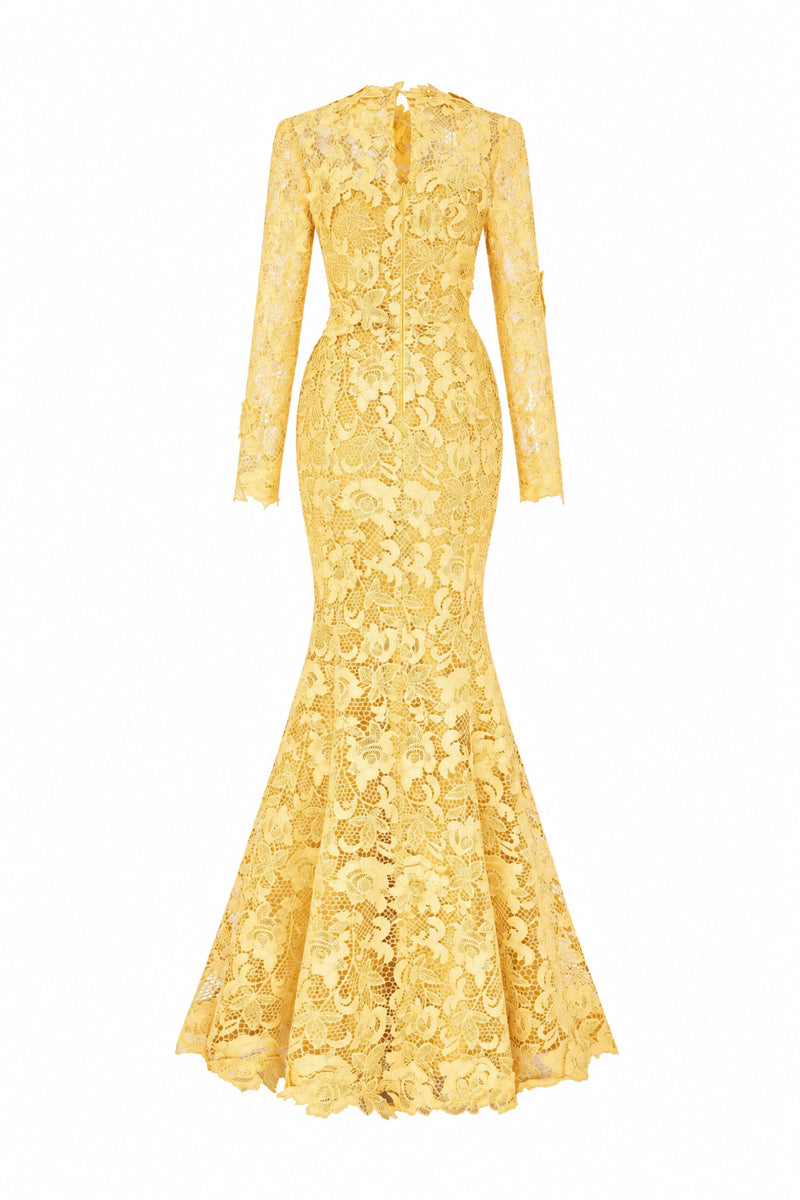 Round Neck Mermaid Gown With Long Sleeves In Yellow Guipure Lace