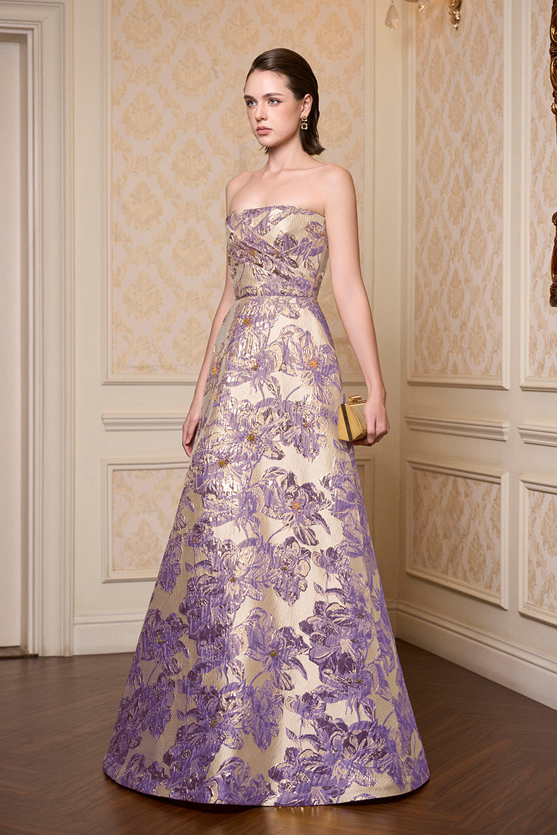 Strapless A-line Gown With Draped Details In Light Purple Jacquard