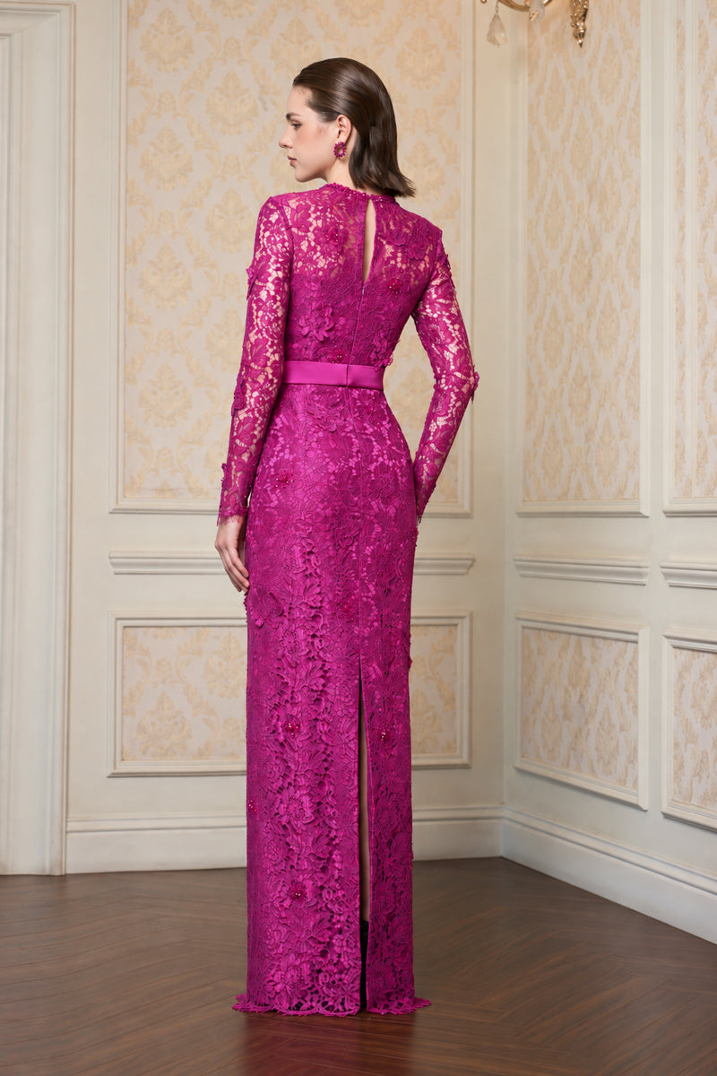 Trapeze Neck Column Gown With Long Sleeves In Pink French Lace