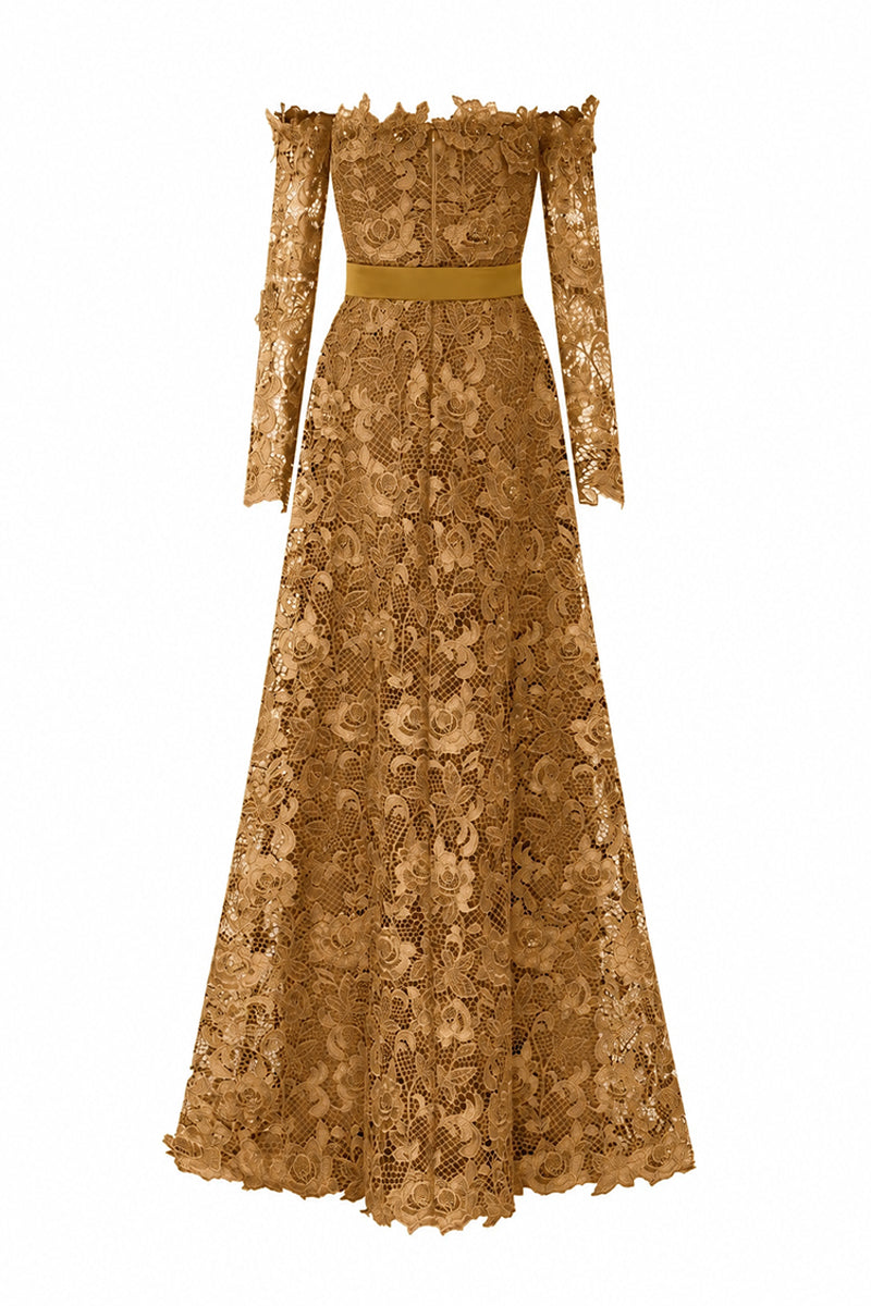 Gold Long Sleeves Off-Shoulder A-Line Gown