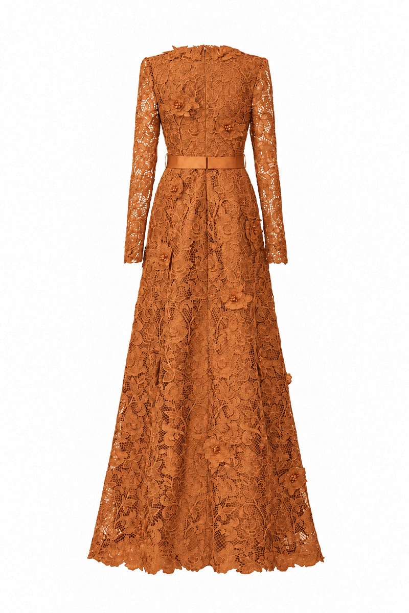 V Neck A-line Gown With Long Sleeves In Orange Guipure Lace