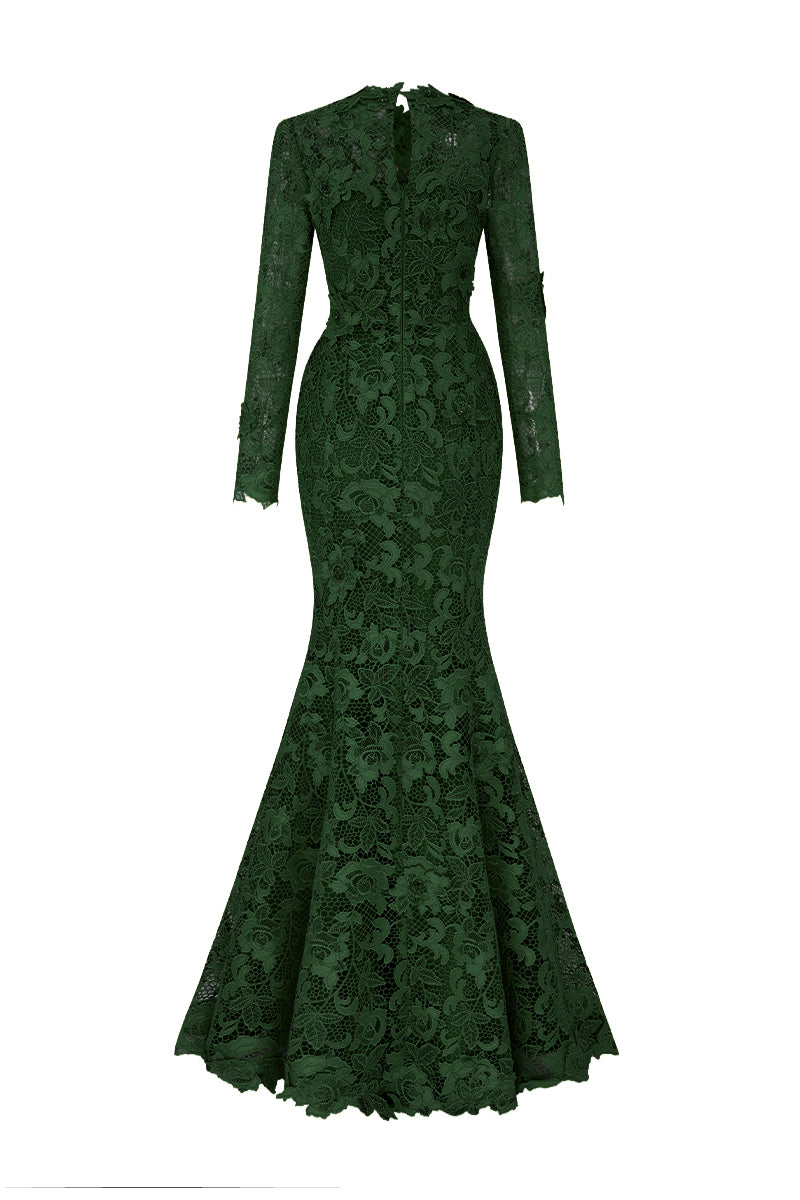Round Neck Mermaid Gown With Long Sleeves In Dark Green Guipure Lace