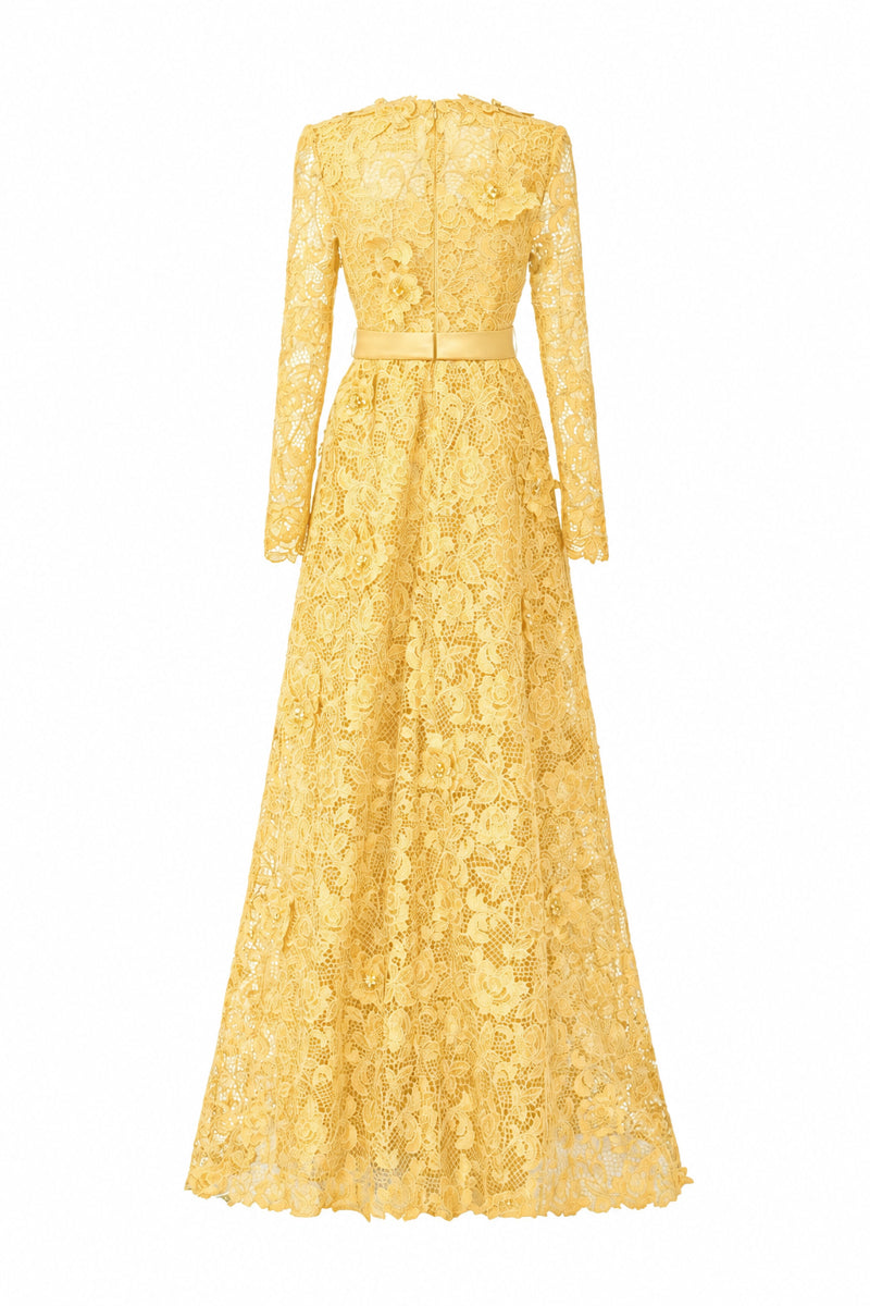 Trapeze Neck A-line Gown With Long Sleeves In Light Yellow Guipure Lace