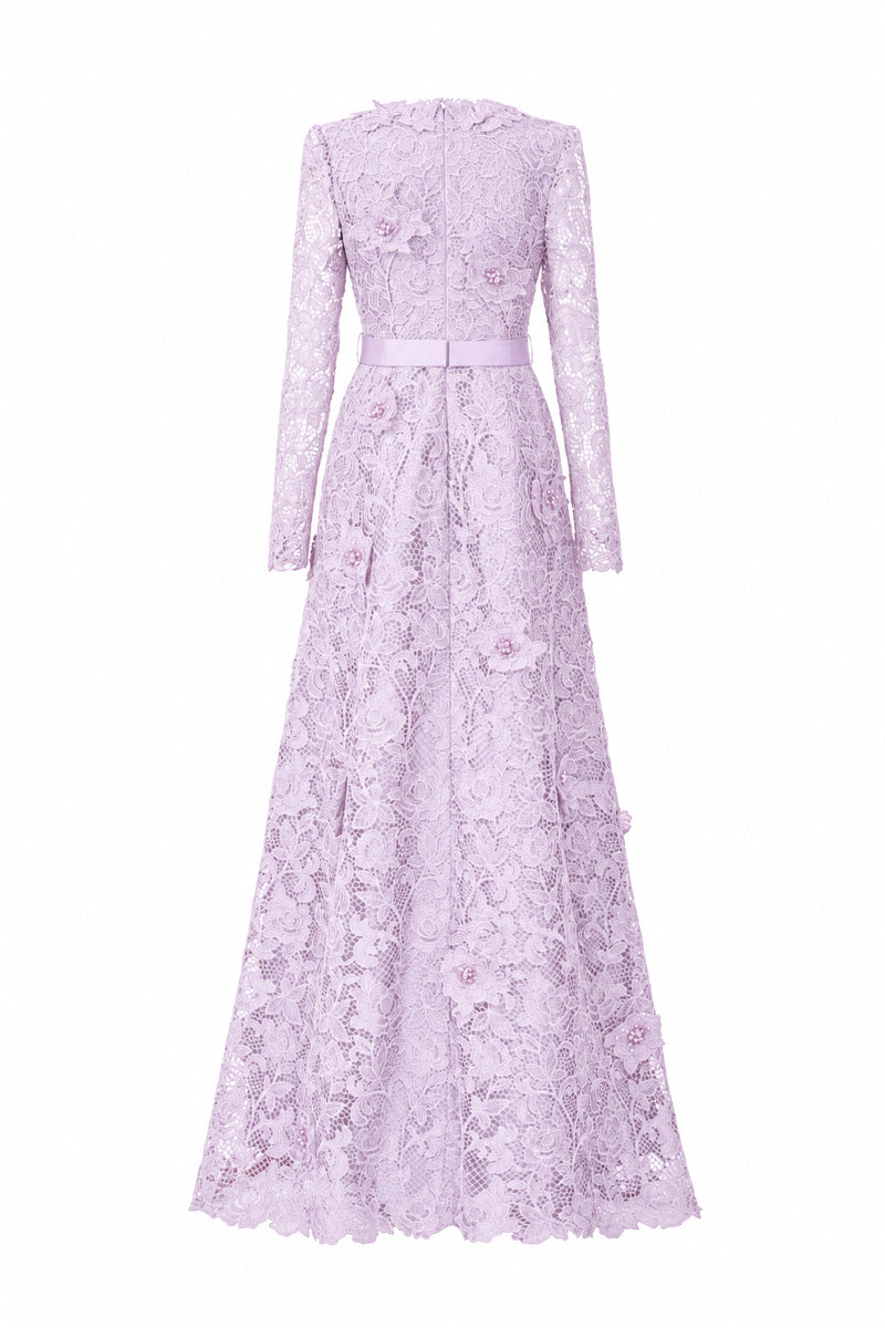 V Neck A-line Gown With Long Sleeves In Light Purple Guipure Lace