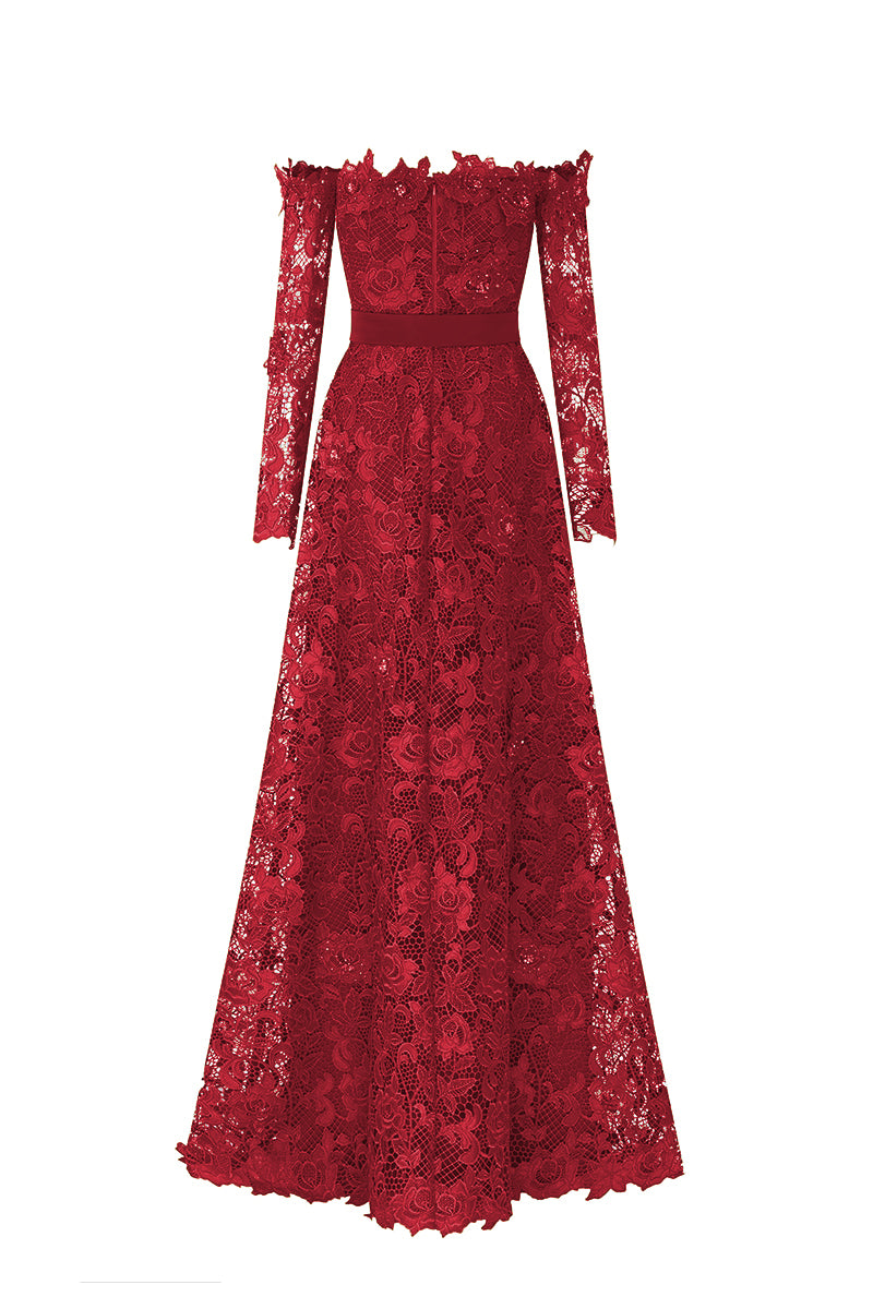 Red Long Sleeves Off-Shoulder A-Line Gown
