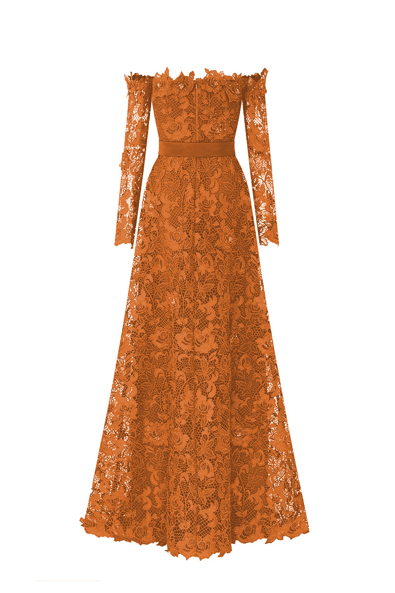 Orange Long Sleeves Off-Shoulder A-Line Gown