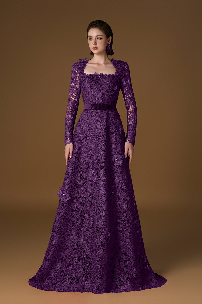 Trapeze Neck A-line Gown With Long Sleeves In Red Guipure Lace