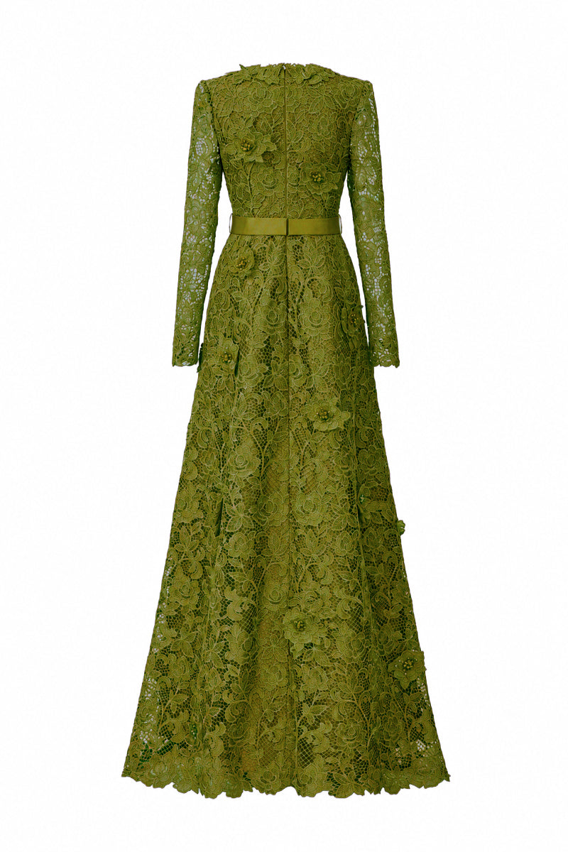 V Neck A-line Gown With Long Sleeves In Olive Guipure Lace