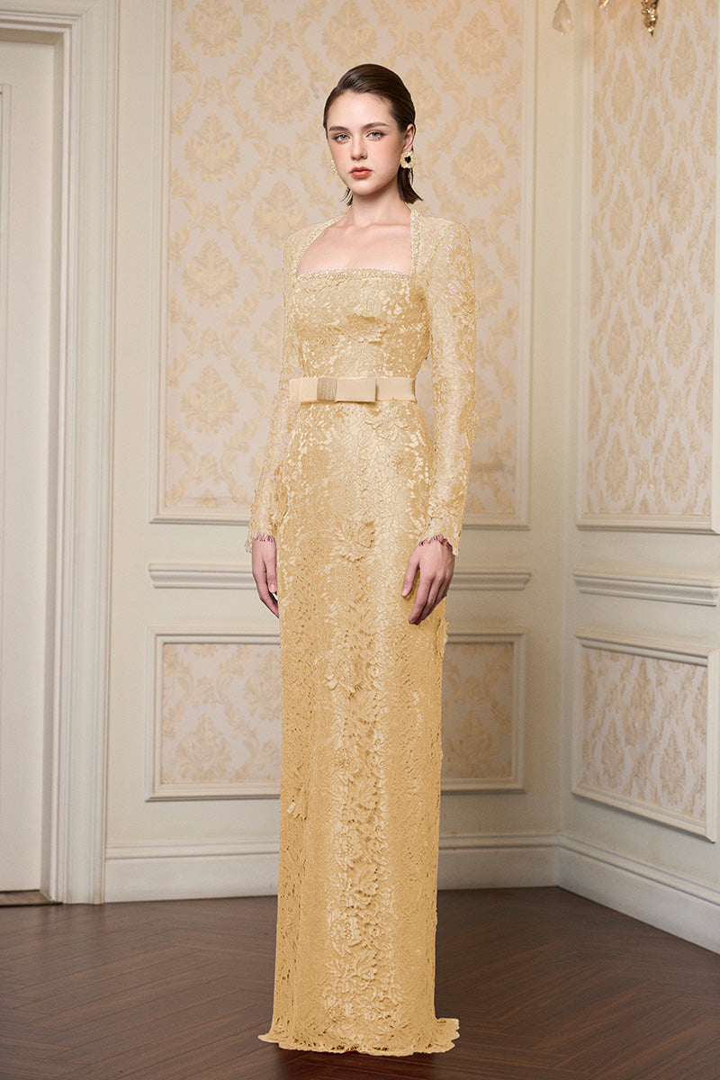 Trapeze Neck Column Gown With Long Sleeves In Beige French Lace