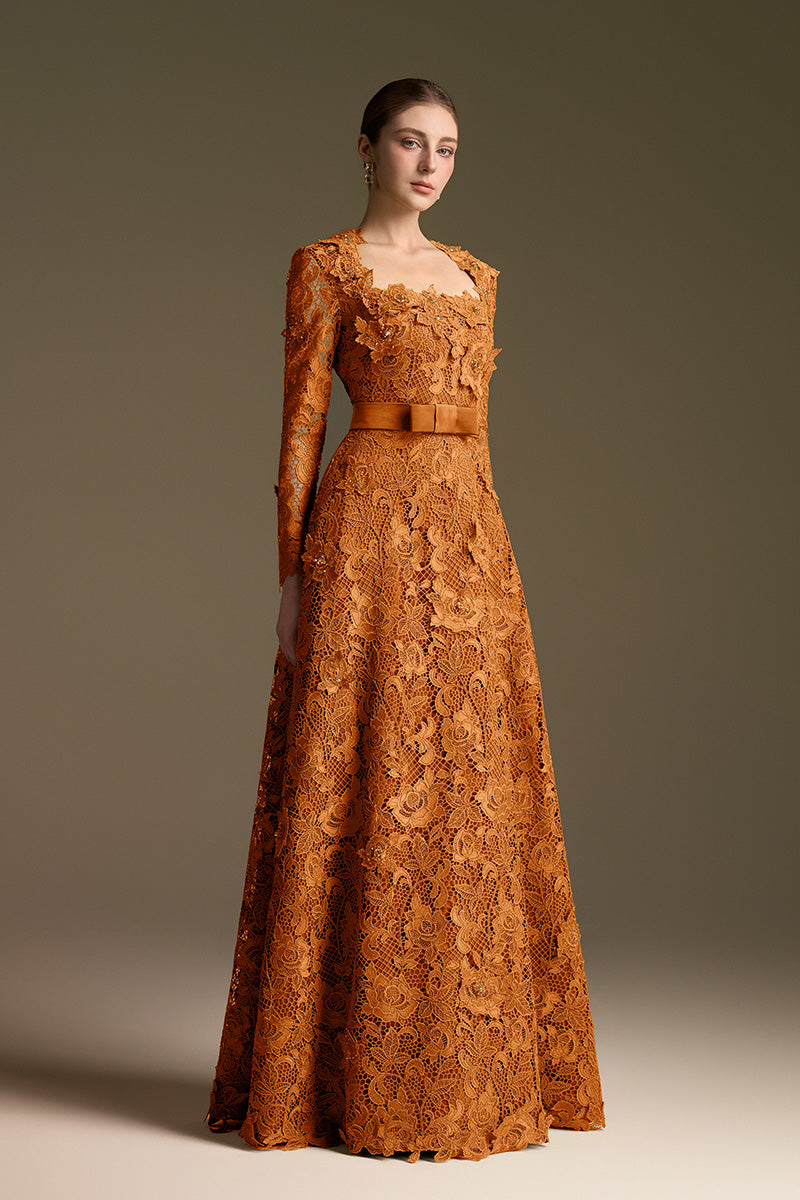 Trapeze Neck A-line Gown With Long Sleeves In Guipure Lace
